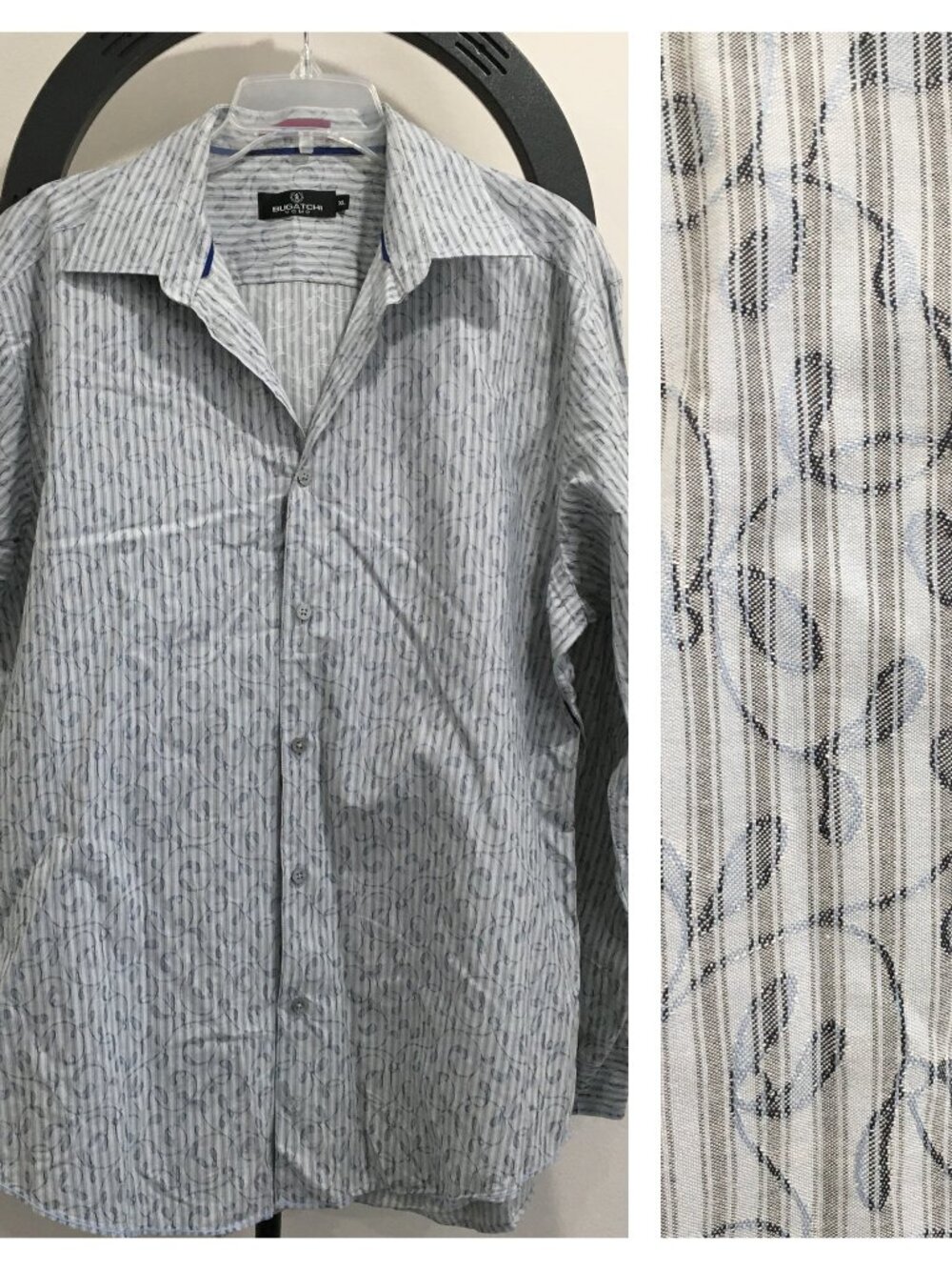 BUGATCHI Uomo Blue Gray Leaf Print/Embossed Long Sleeve Logo Button Shirt